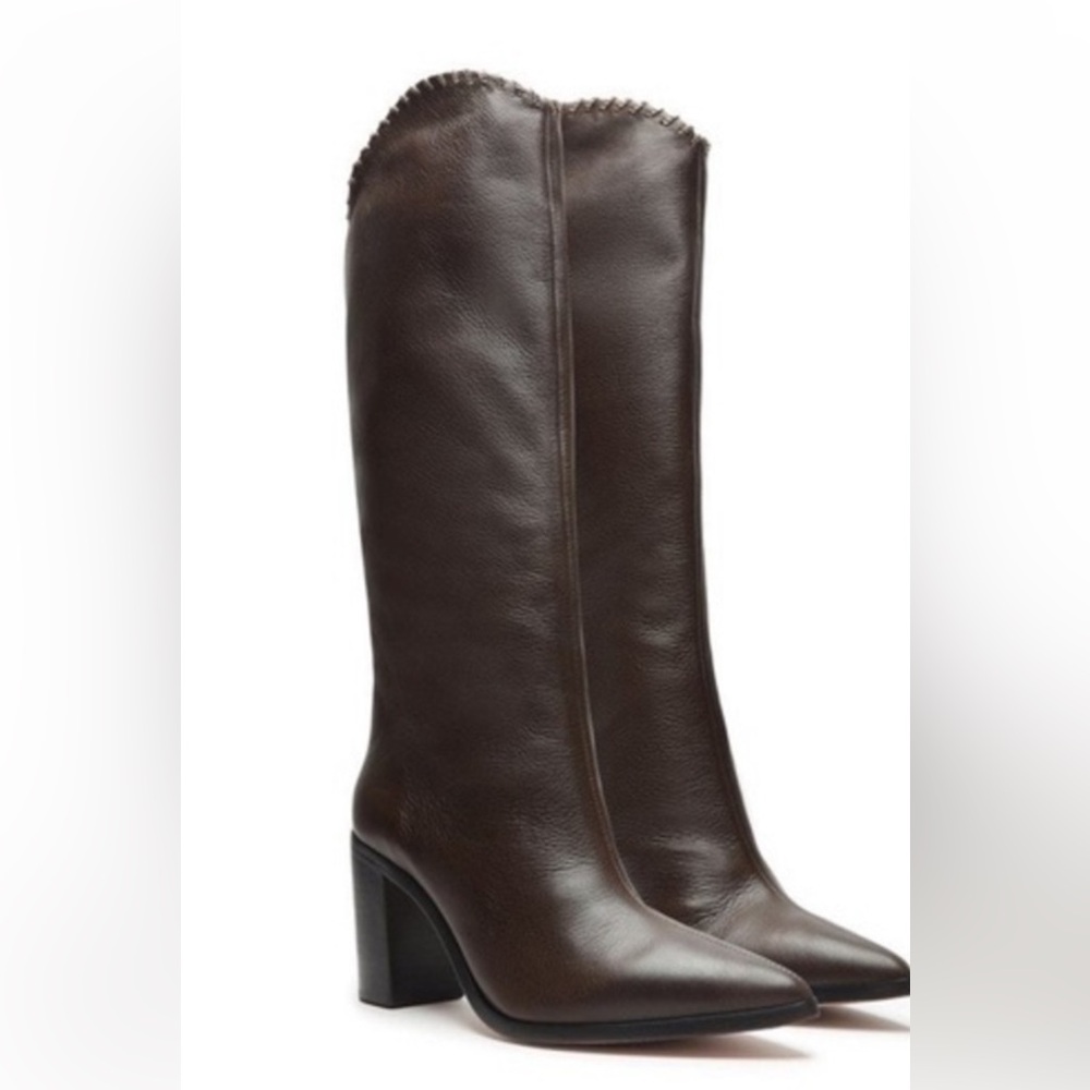 Schutz, brown boot (mid-calf) with gold chain detailing. Worn once